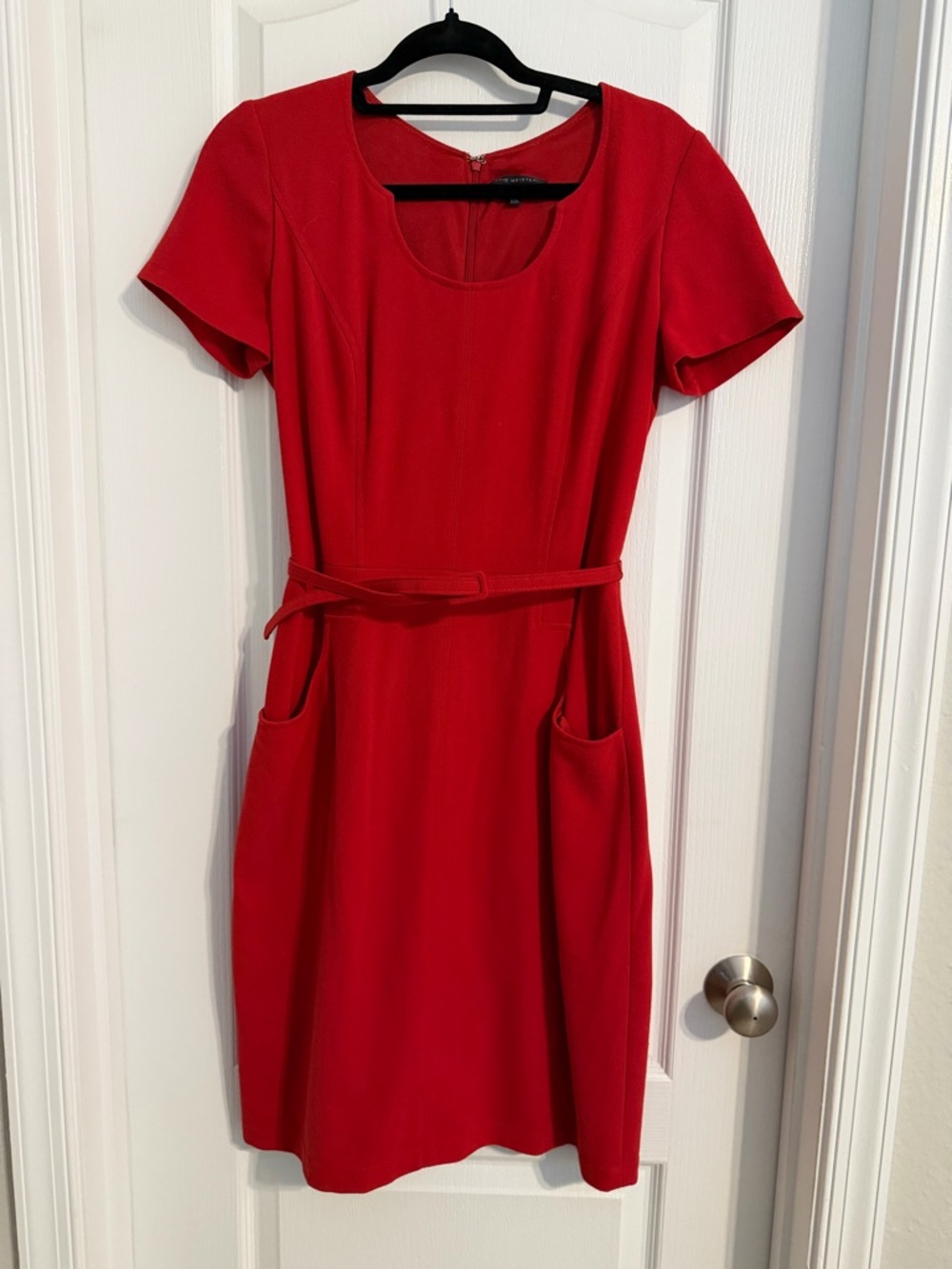 David Meister Red Short-Sleeve Pocketed Belted Mini Dress 10